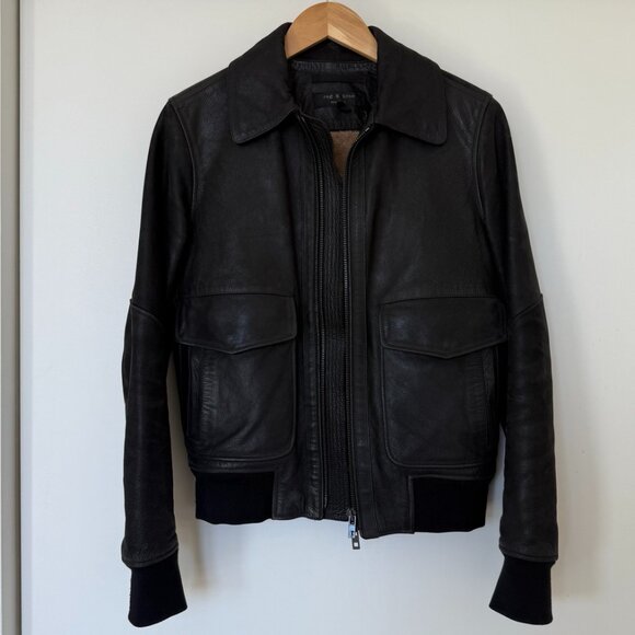 Rag & Bone Leather Bomber Jacket - removable shearling collar - Picture 2 of 16